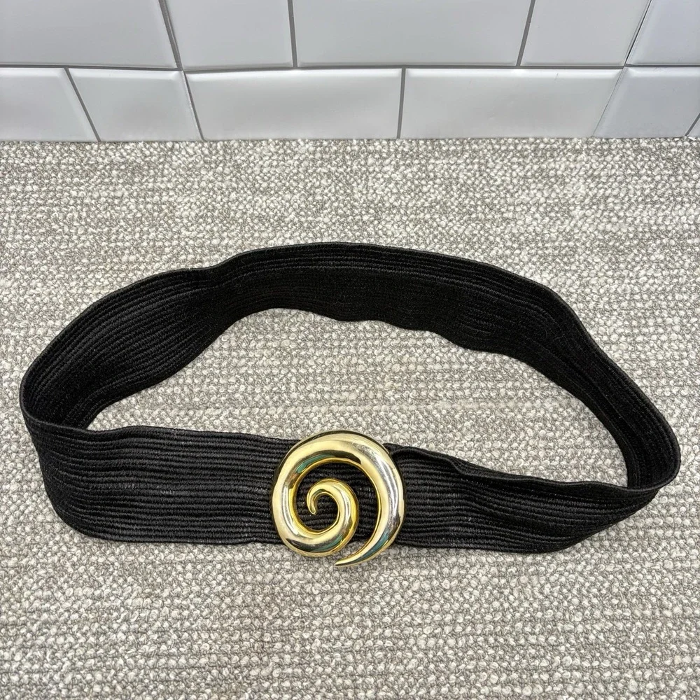 VTG Charmant Women's Belt Stretchy Elastic Spiral Gold Color Clasp Black Wide‎